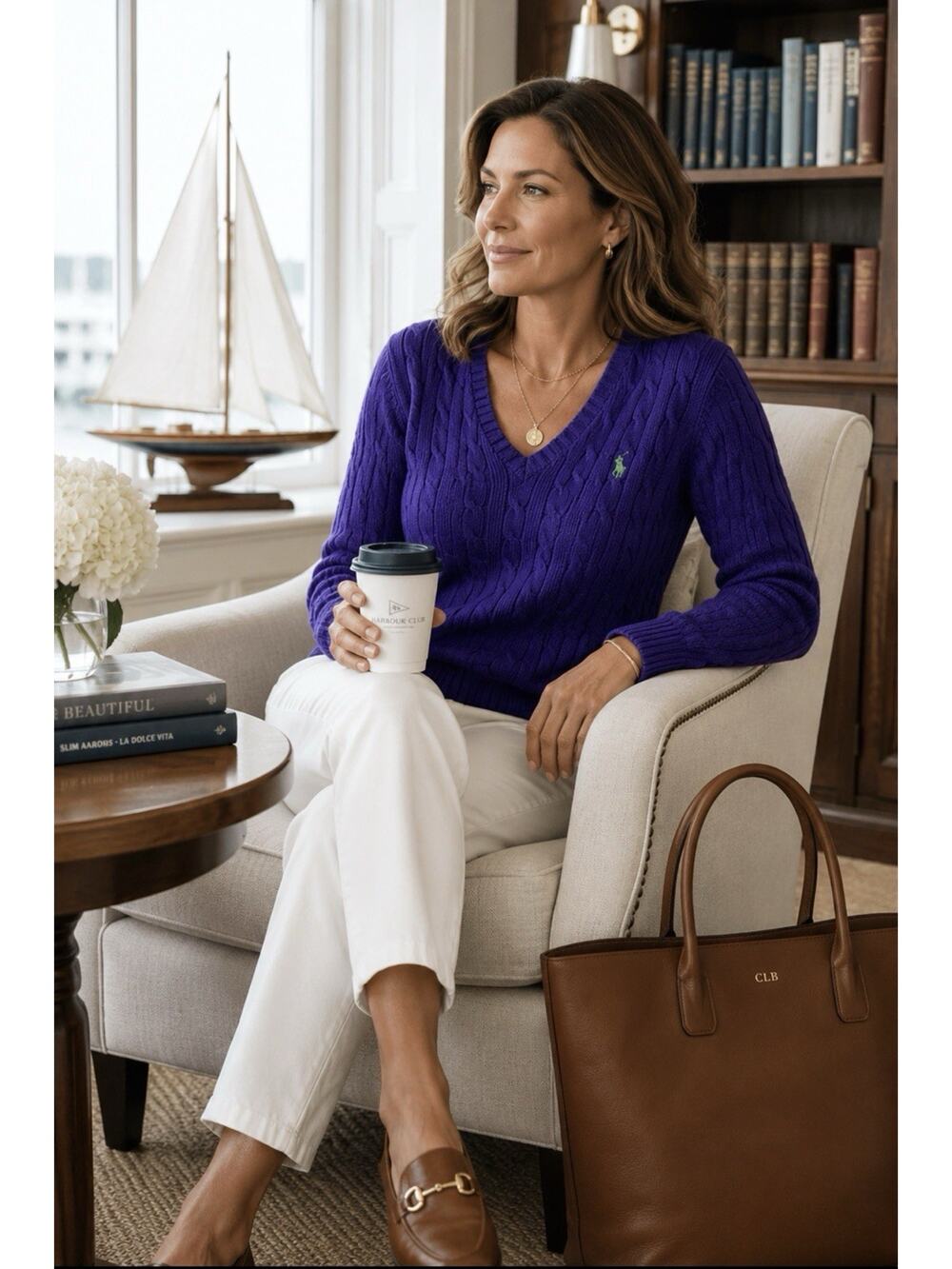 Ralph Lauren Sport Womens Large Purple Cable Knit V Neck Cotton Sweater Pony